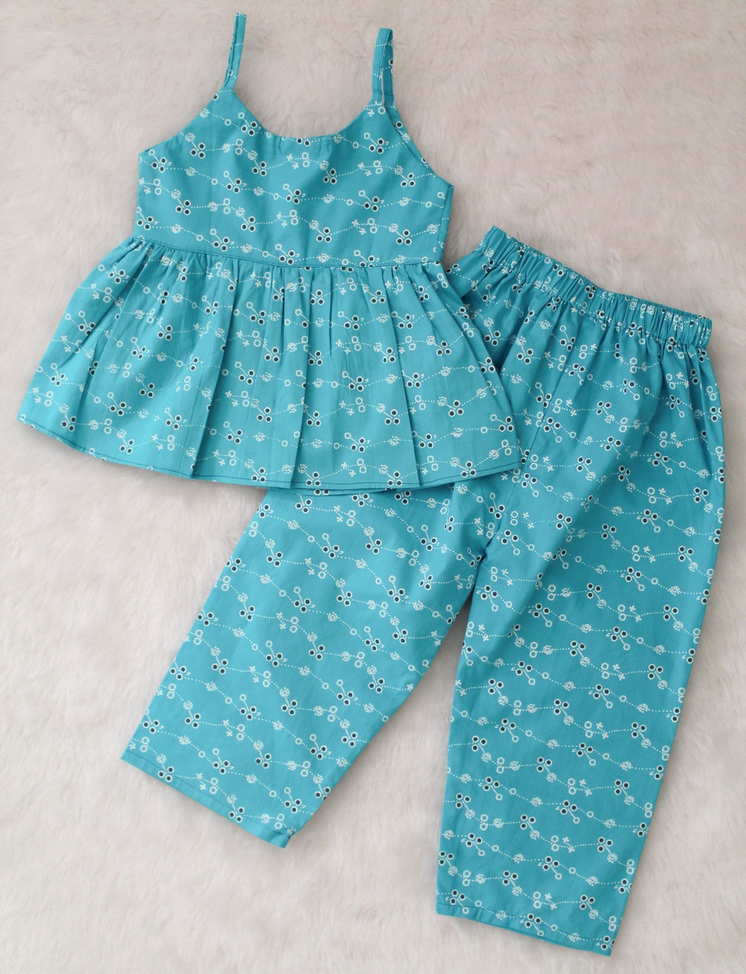 Woonie Sleeveless Printed Top With Pant - Blue