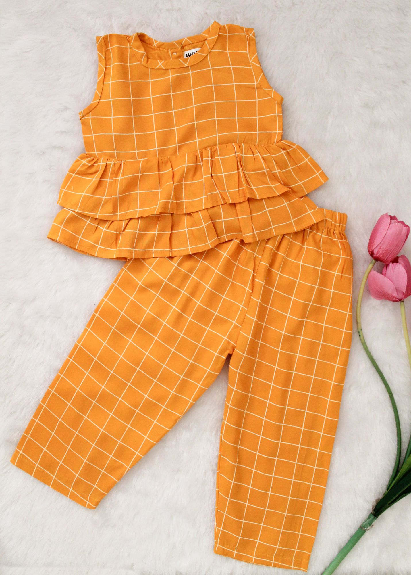 Woonie Sleeveless Checked Top With Pant  Yellow