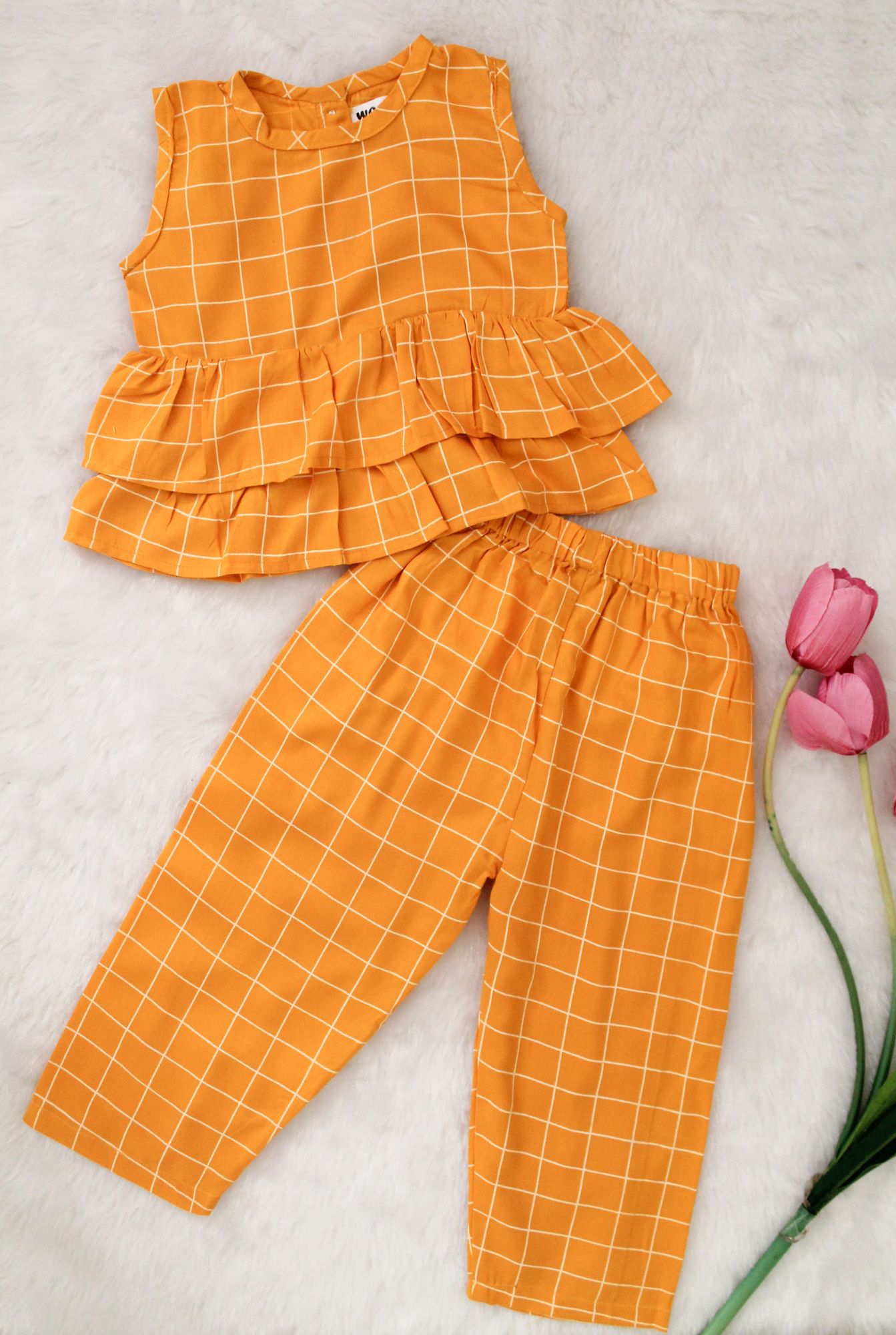 Woonie Sleeveless Checked Top With Pant  Yellow