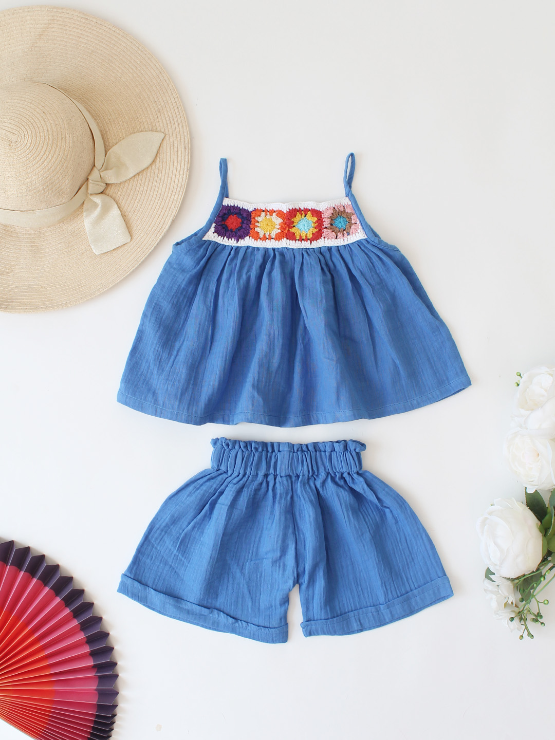 Woonie Floral Crochet Designed Top & Coordinating Shorts Set - Blue