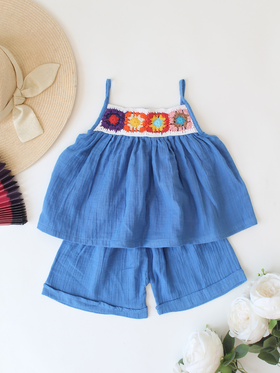 Woonie Floral Crochet Designed Top & Coordinating Shorts Set - Blue