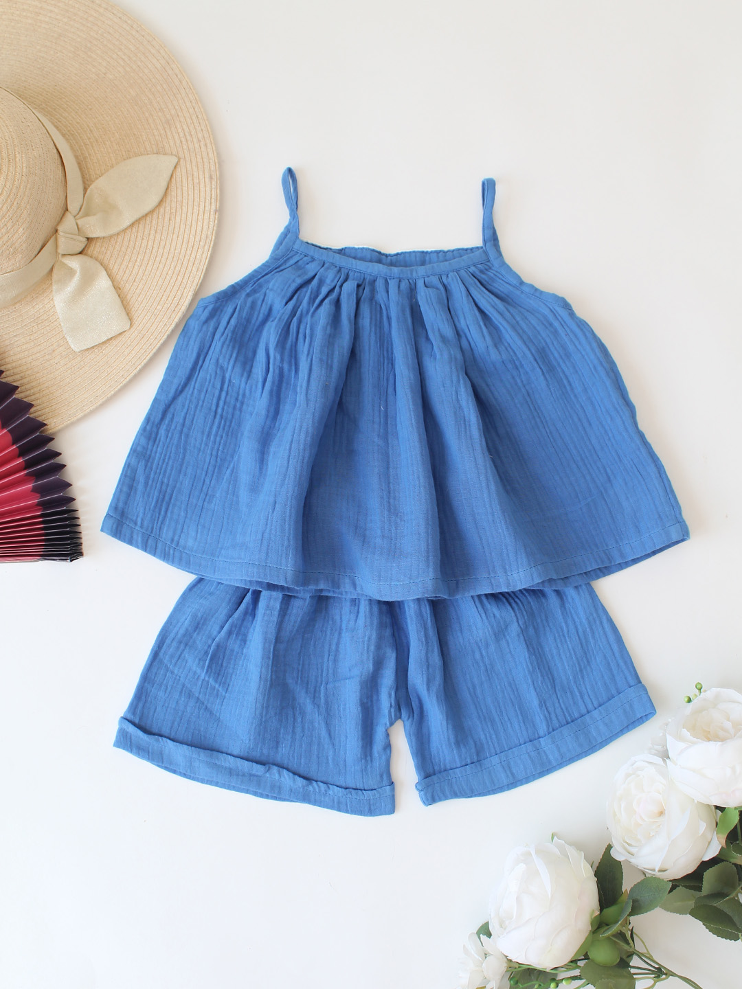 Woonie Floral Crochet Designed Top & Coordinating Shorts Set - Blue