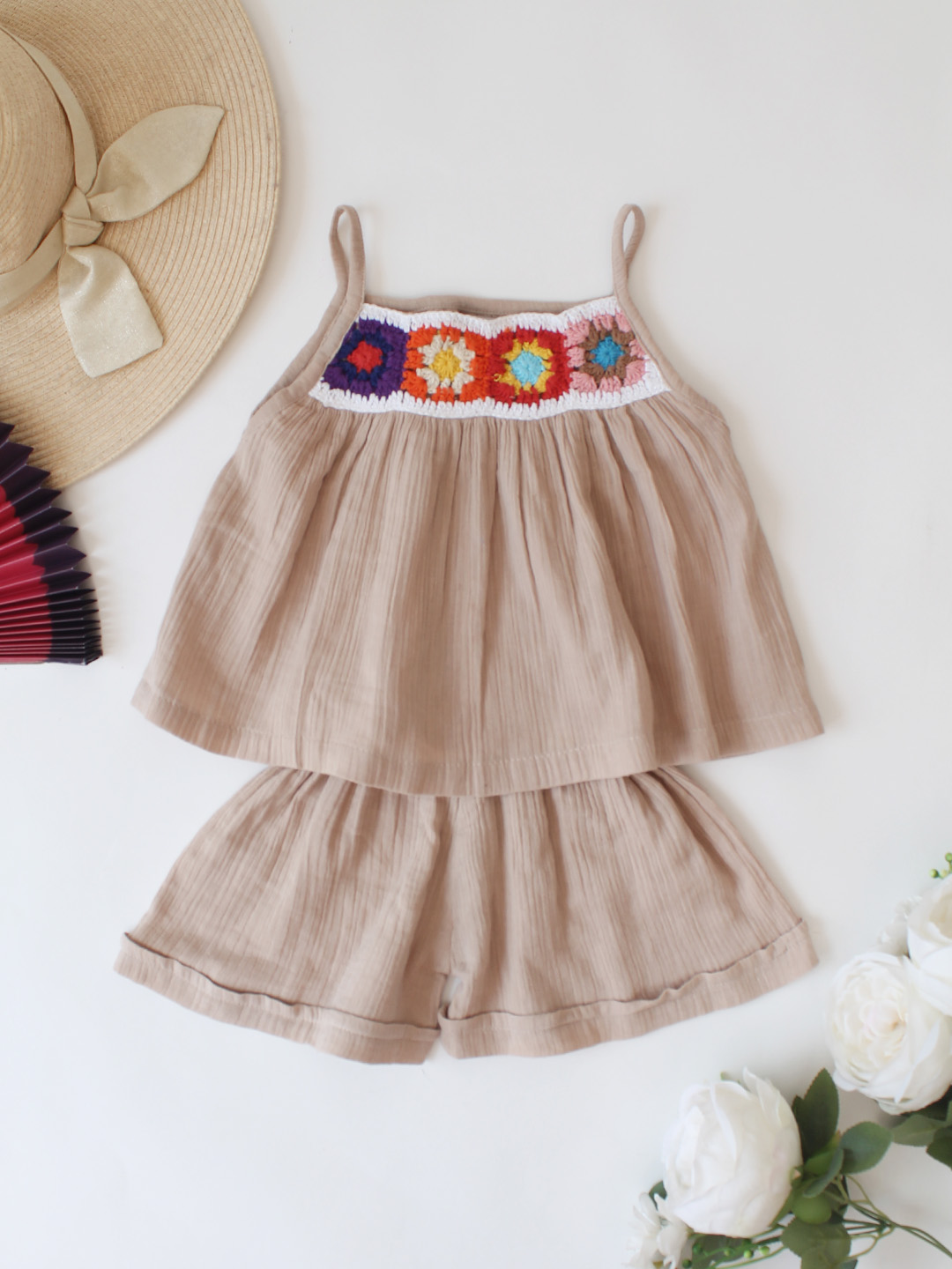 Woonie Floral Crochet Designed Top & Coordinating Shorts Set - Beige