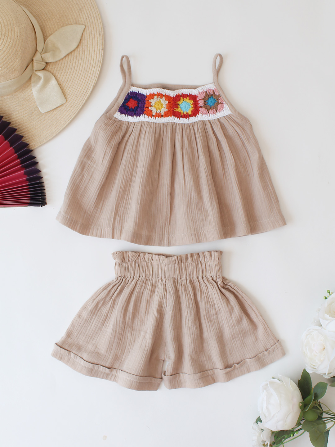Woonie Floral Crochet Designed Top & Coordinating Shorts Set - Beige