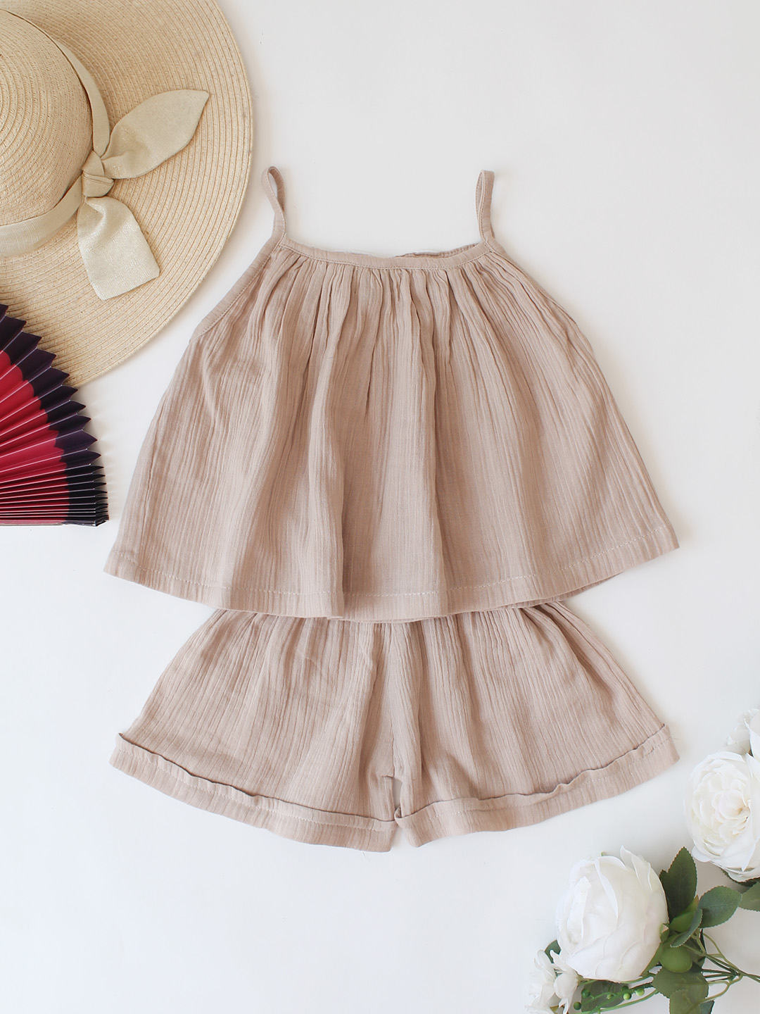Woonie Floral Crochet Designed Top & Coordinating Shorts Set - Beige