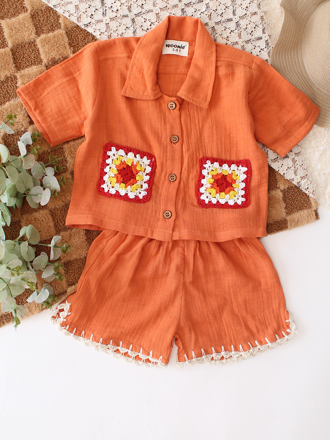 Woonie Pocket Detailed Shirt & Coordinating Shorts Set - Orange