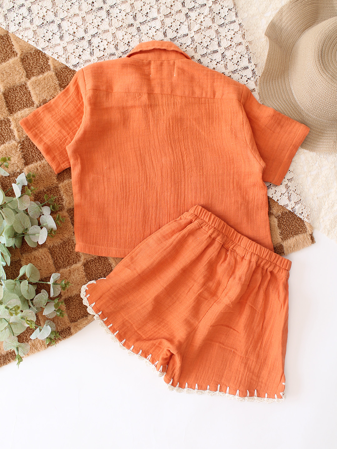 Woonie Pocket Detailed Shirt & Coordinating Shorts Set - Orange