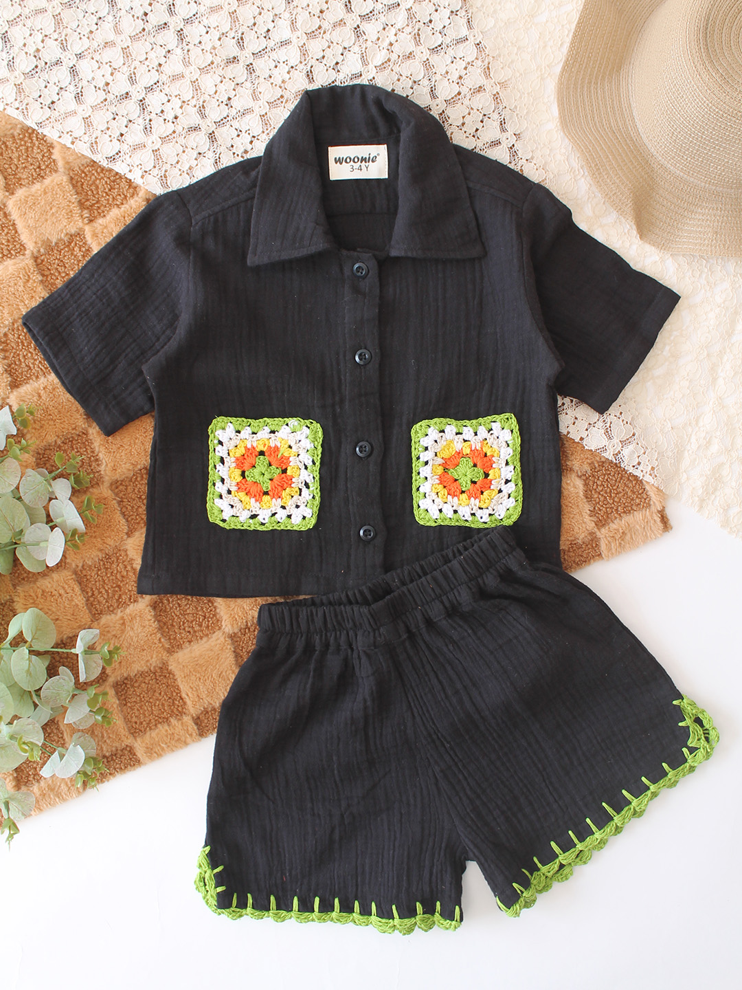 Woonie Pocket Detailed Shirt & Coordinating Shorts Set - Black