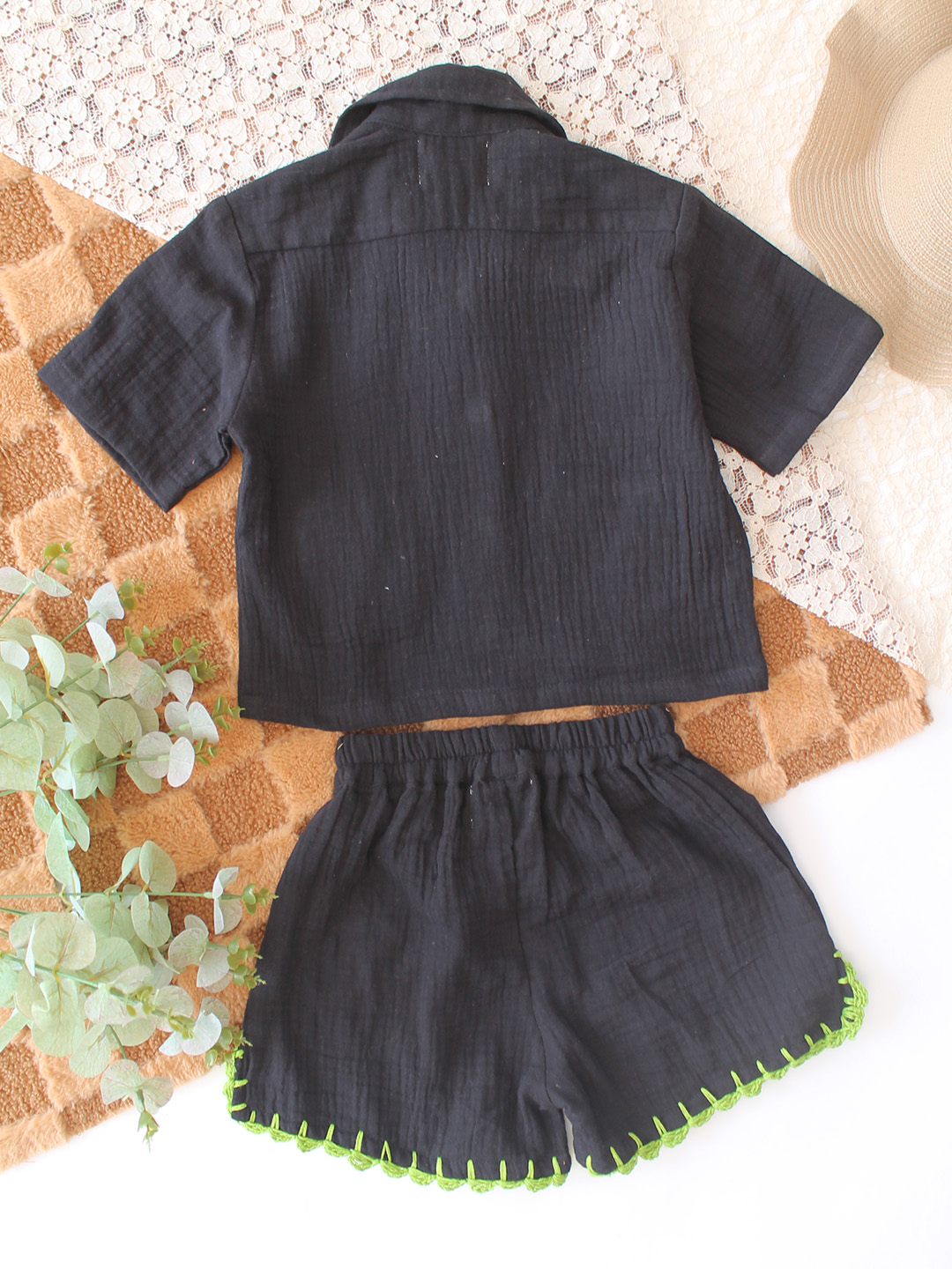 Woonie Pocket Detailed Shirt & Coordinating Shorts Set - Black