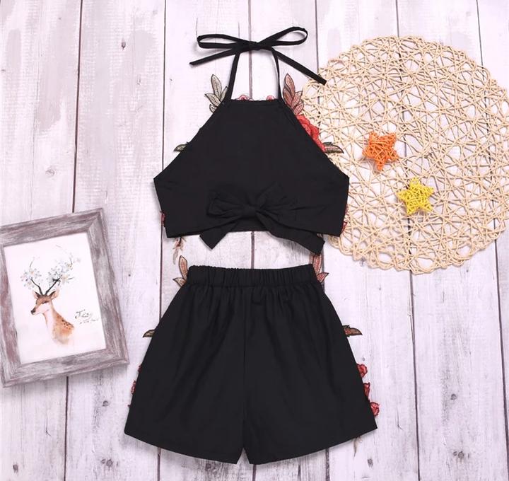 Halter Neck Flower Applique Top  Bottom