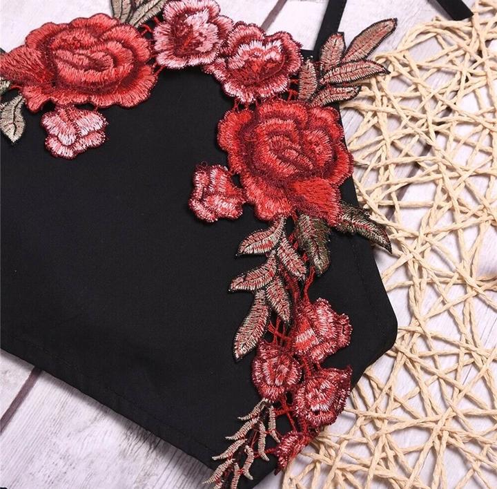 Halter Neck Flower Applique Top  Bottom
