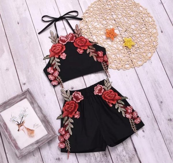 Image of Halter Neck Flower Applique Top &amp; Bottom