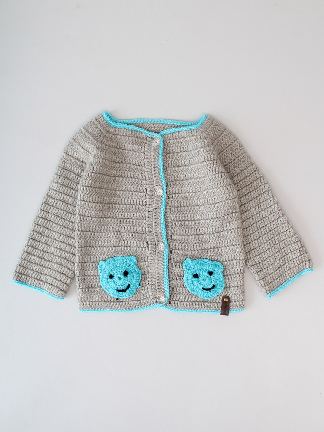 Hand Crochet Teddy Applique Sweater for Infants - Grey
