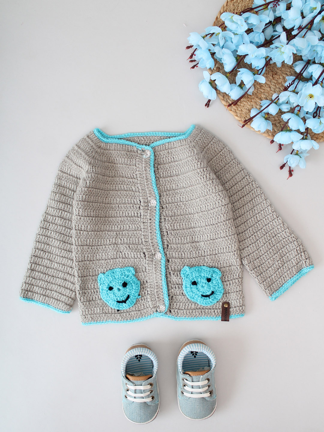 Hand Crochet Teddy Applique Sweater for Infants - Grey