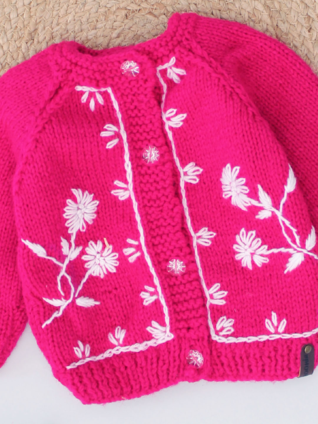 Hand Embroidered Front Open Knitted Sweater - Magenta
