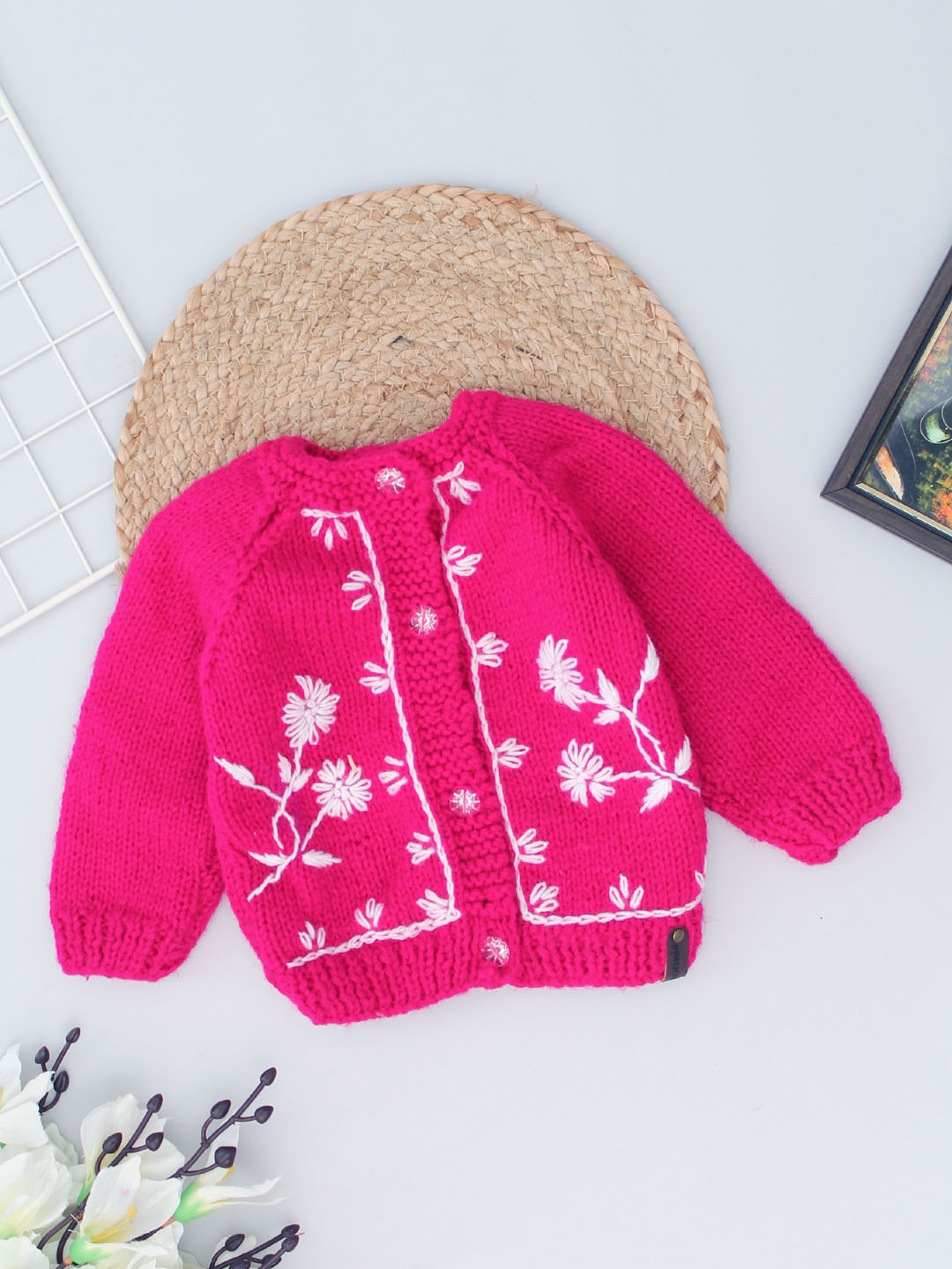 Hand Embroidered Front Open Knitted Sweater - Magenta