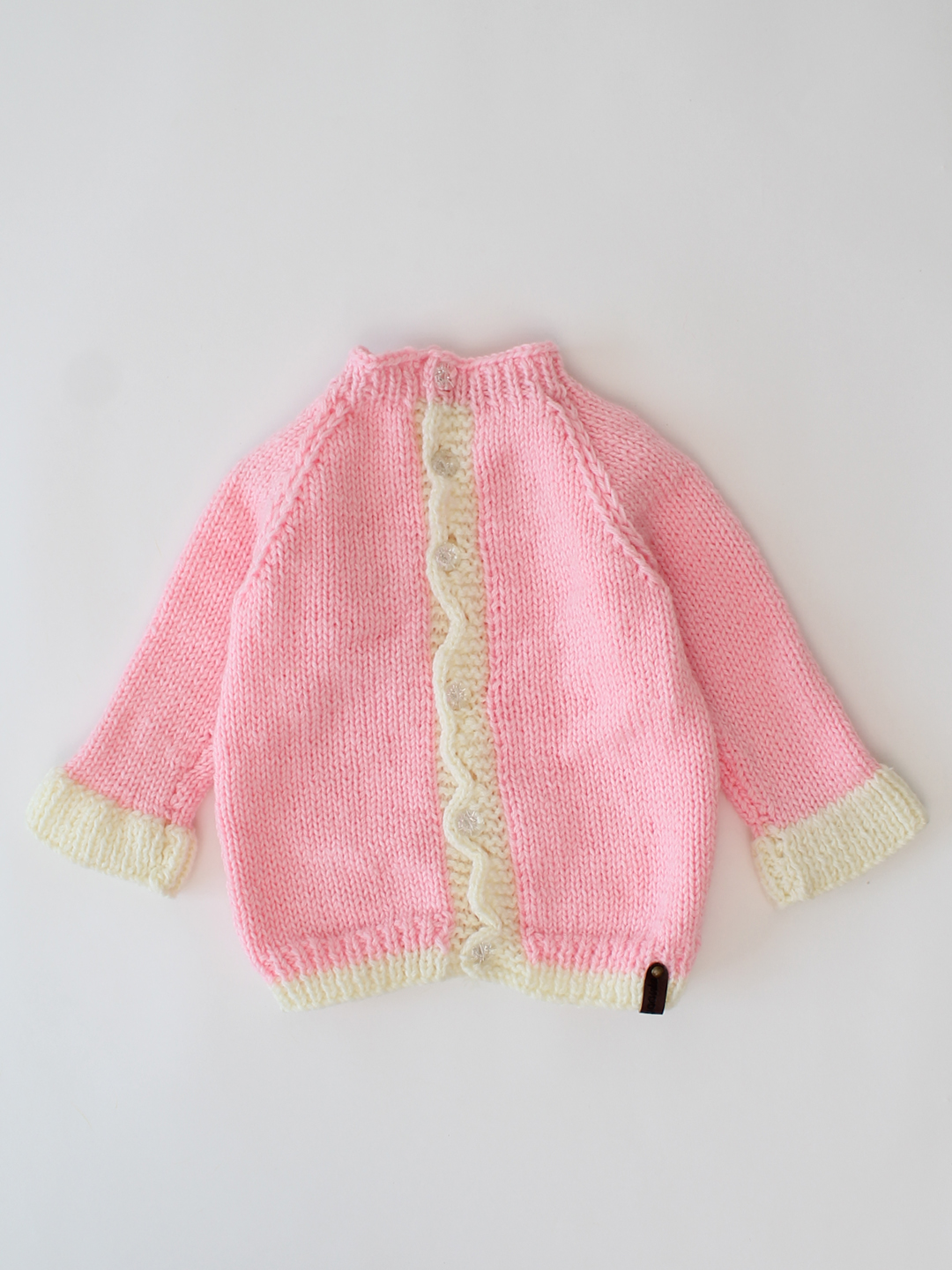 Hand Knitted Front Open Sweater with Scalloped Border - Pink