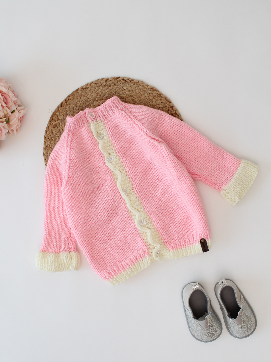 Hand Knitted Front Open Sweater with Scalloped Border - Pink