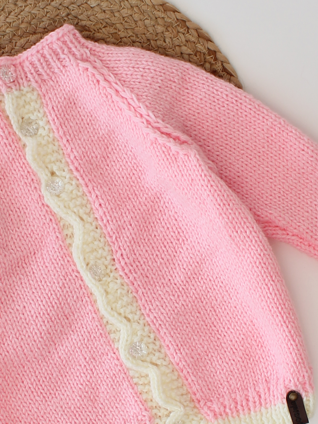 Hand Knitted Front Open Sweater with Scalloped Border - Pink