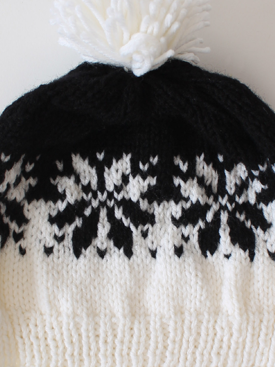Hand Knitted Intarsia Pom-Pom Detail Women Wool Cap - Black