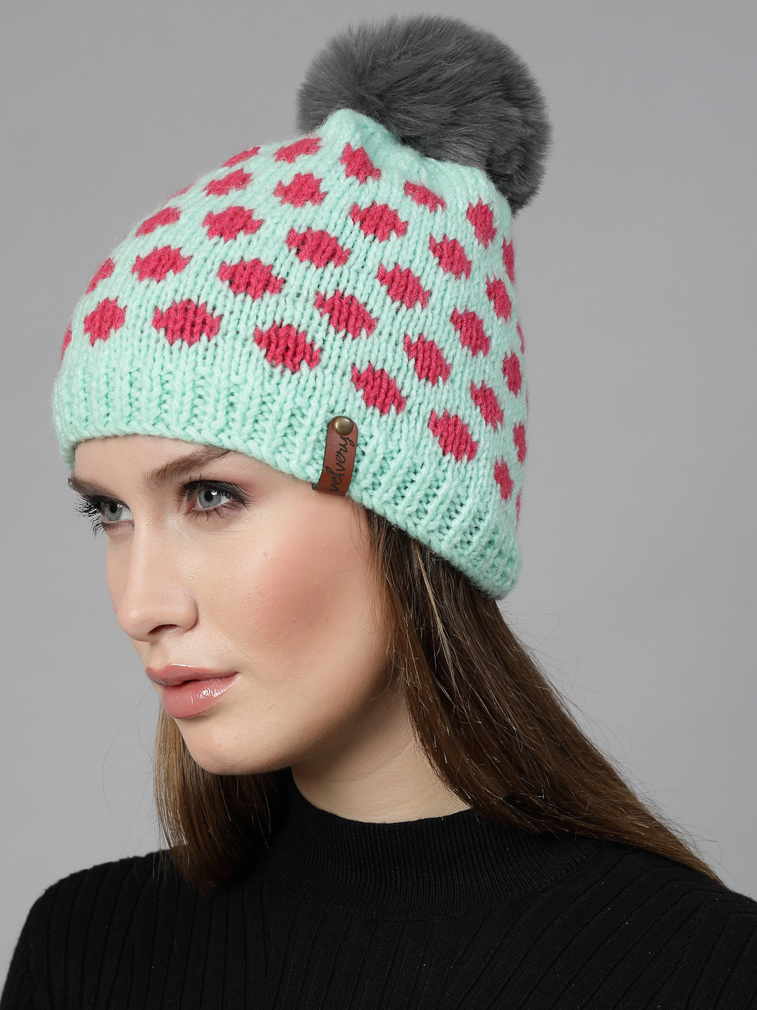 Hand Knitted Self Design Faux Fur Pom-Pom Hat - Turquoise