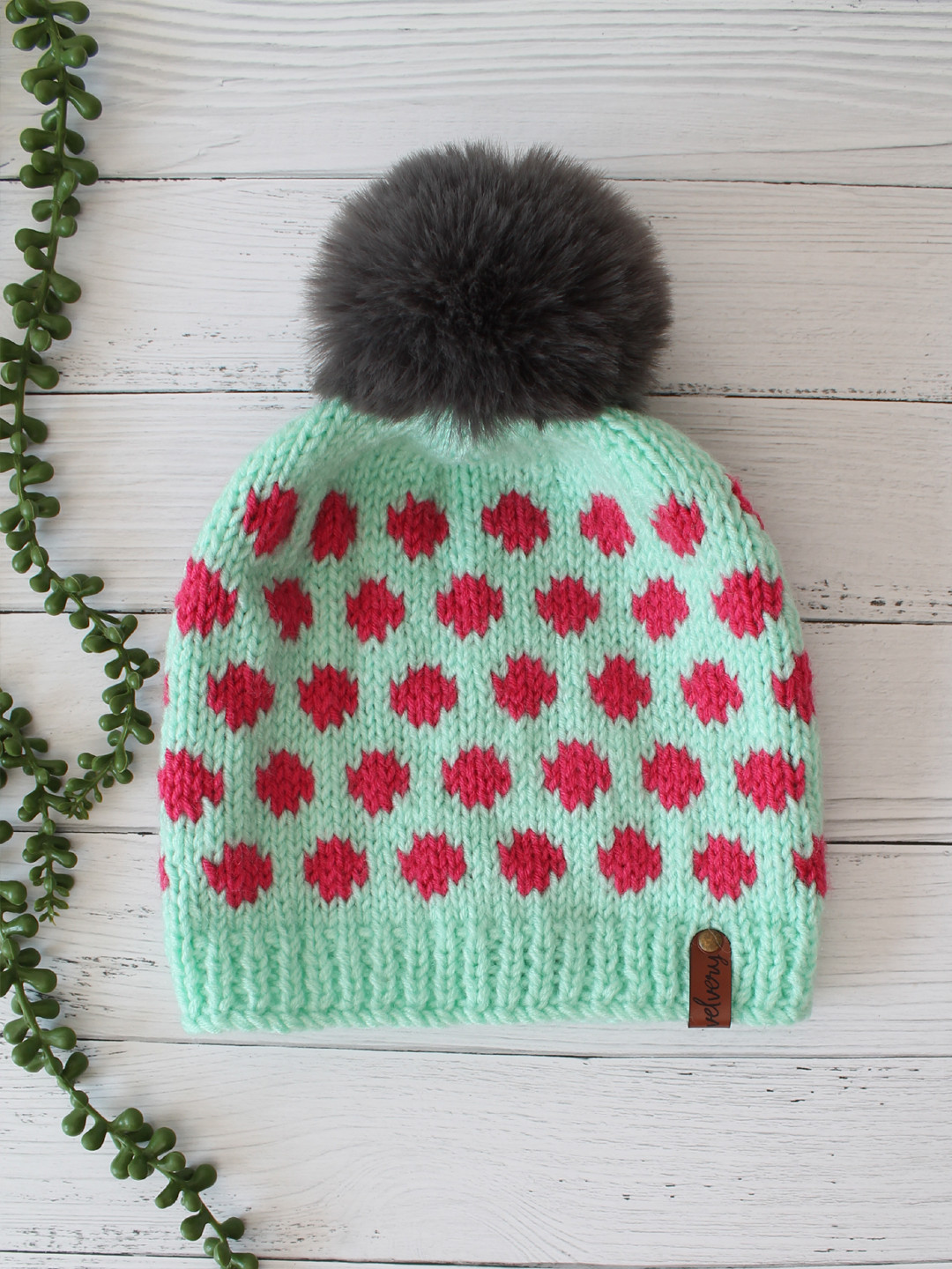 Hand Knitted Self Design Faux Fur Pom-Pom Hat - Turquoise