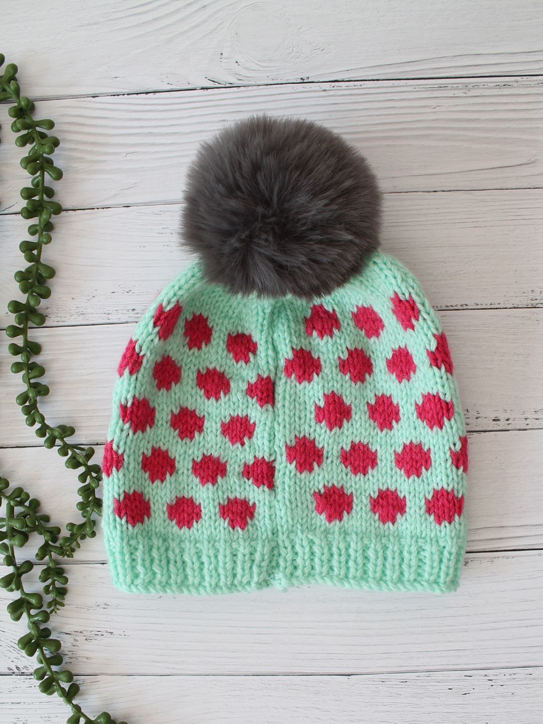 Hand Knitted Self Design Faux Fur Pom-Pom Hat - Turquoise