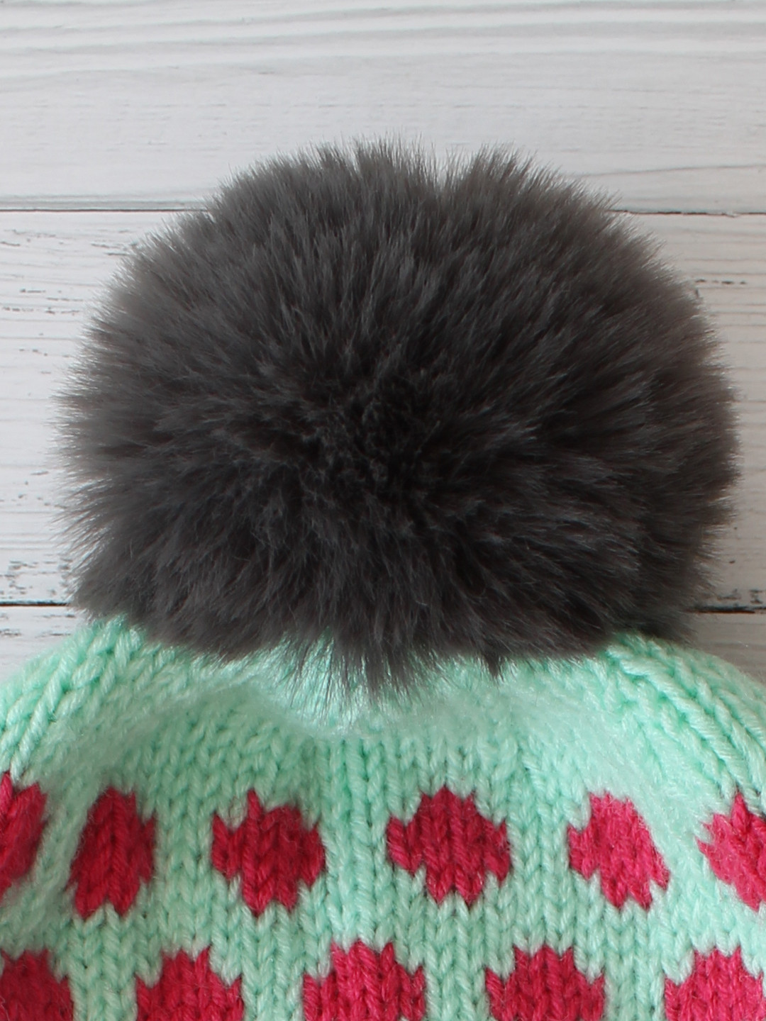 Hand Knitted Self Design Faux Fur Pom-Pom Hat - Turquoise