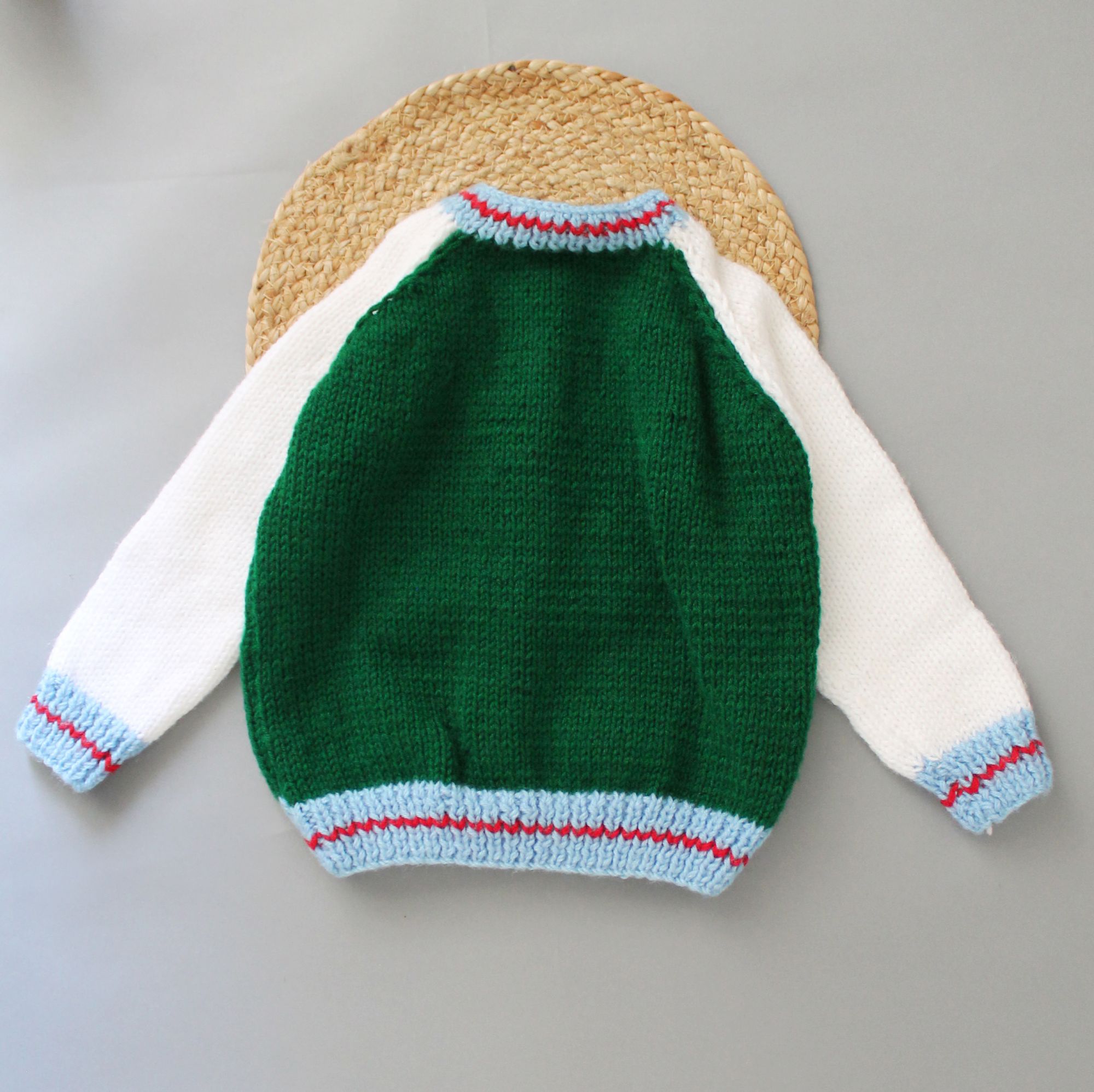 Hand Knitted Varsity Sweater For Newborn - Olive Green