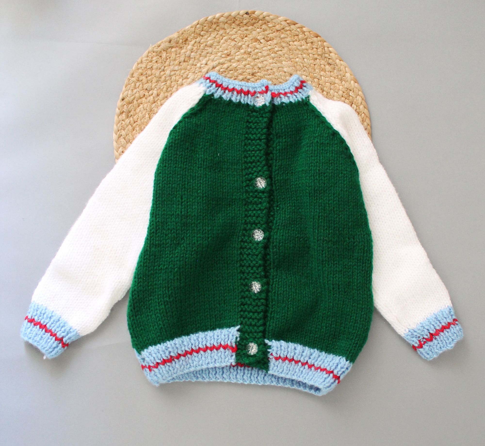 Hand Knitted Varsity Sweater For Newborn - Olive Green