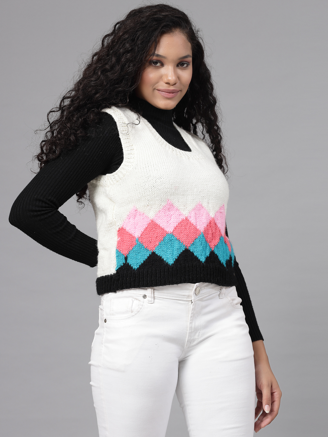 Handknitted Argyle Sweater for Women - Cream