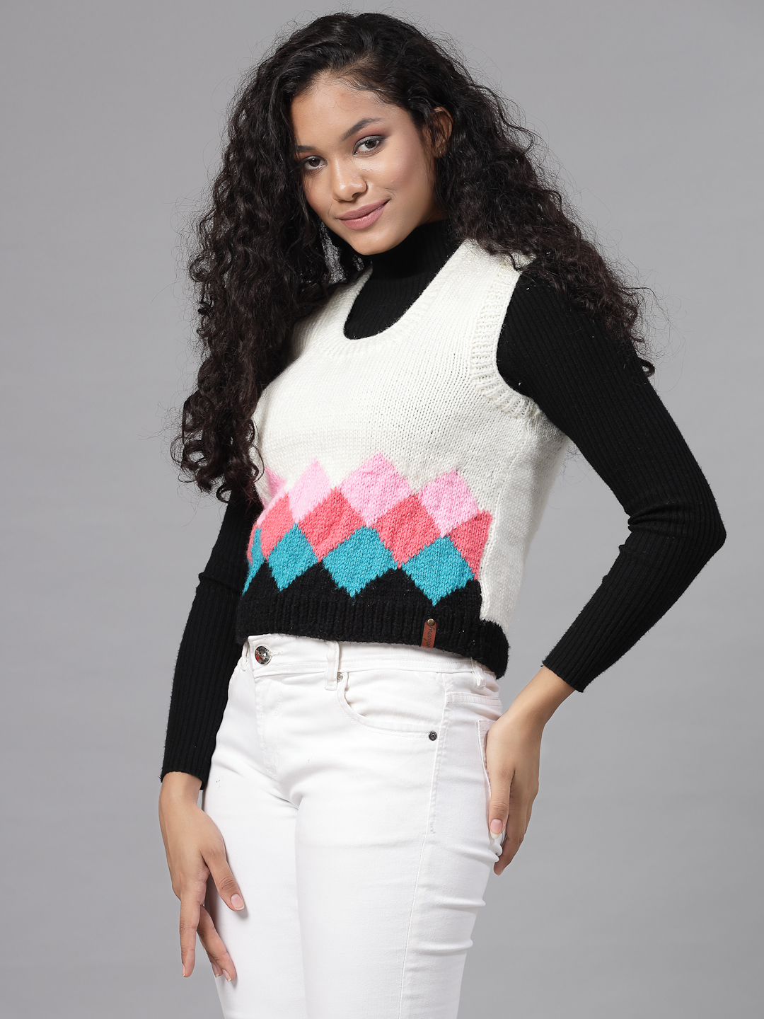 Handknitted Argyle Sweater for Women - Cream