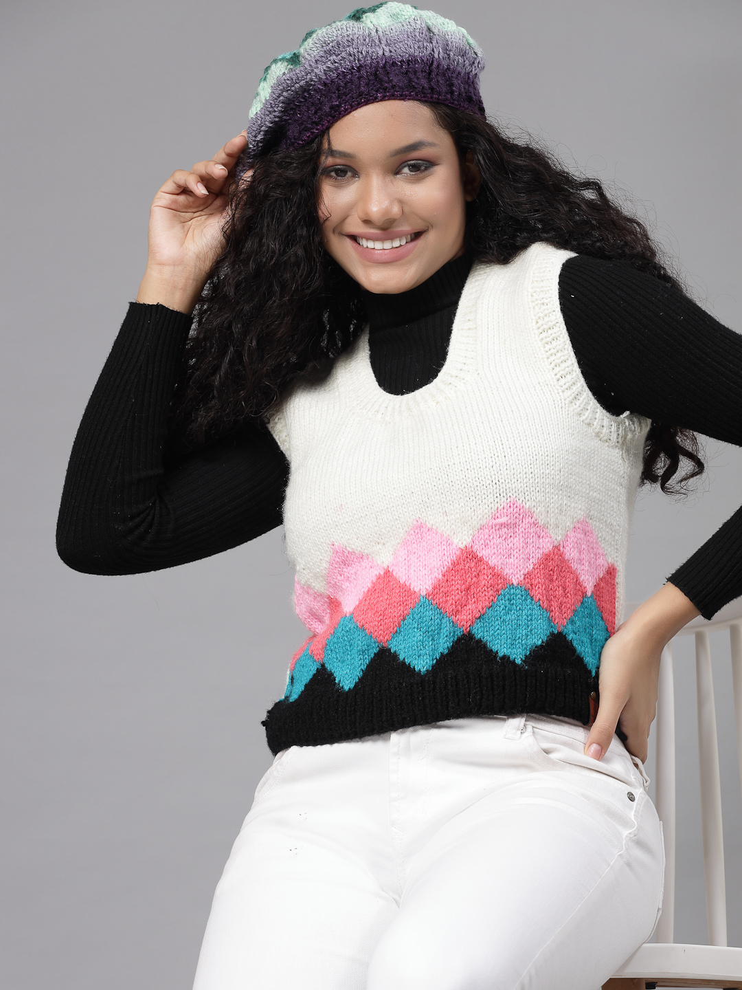 Handknitted Argyle Sweater for Women - Cream