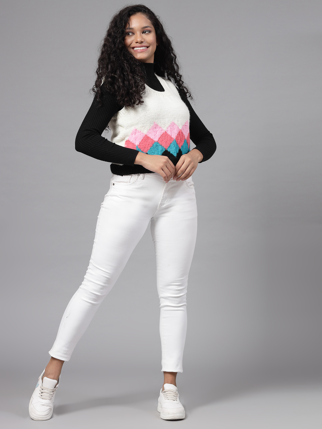 Handknitted Argyle Sweater for Women - Cream