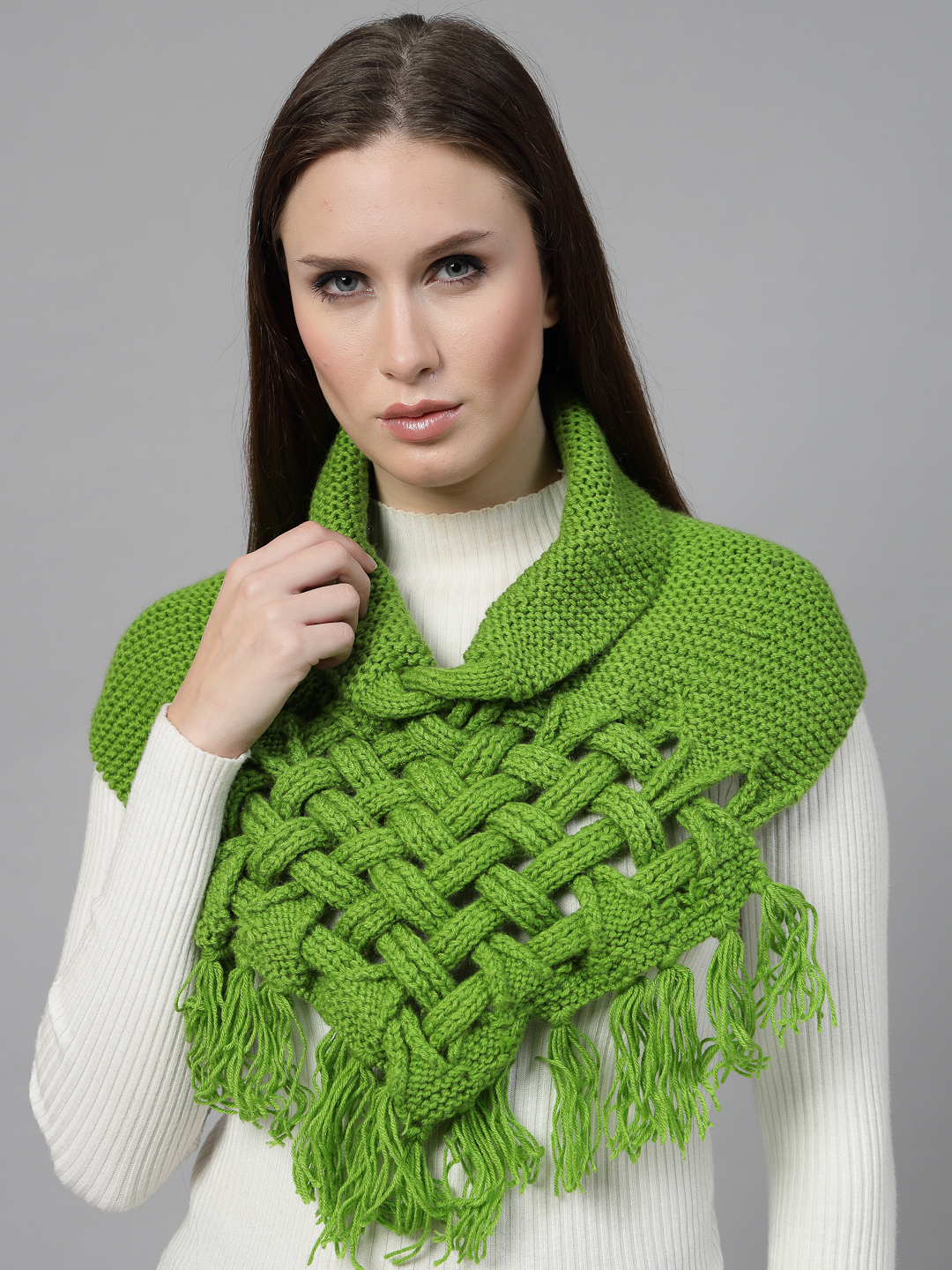 Handknitted Basket Weave Neck Warmer for Women - Green