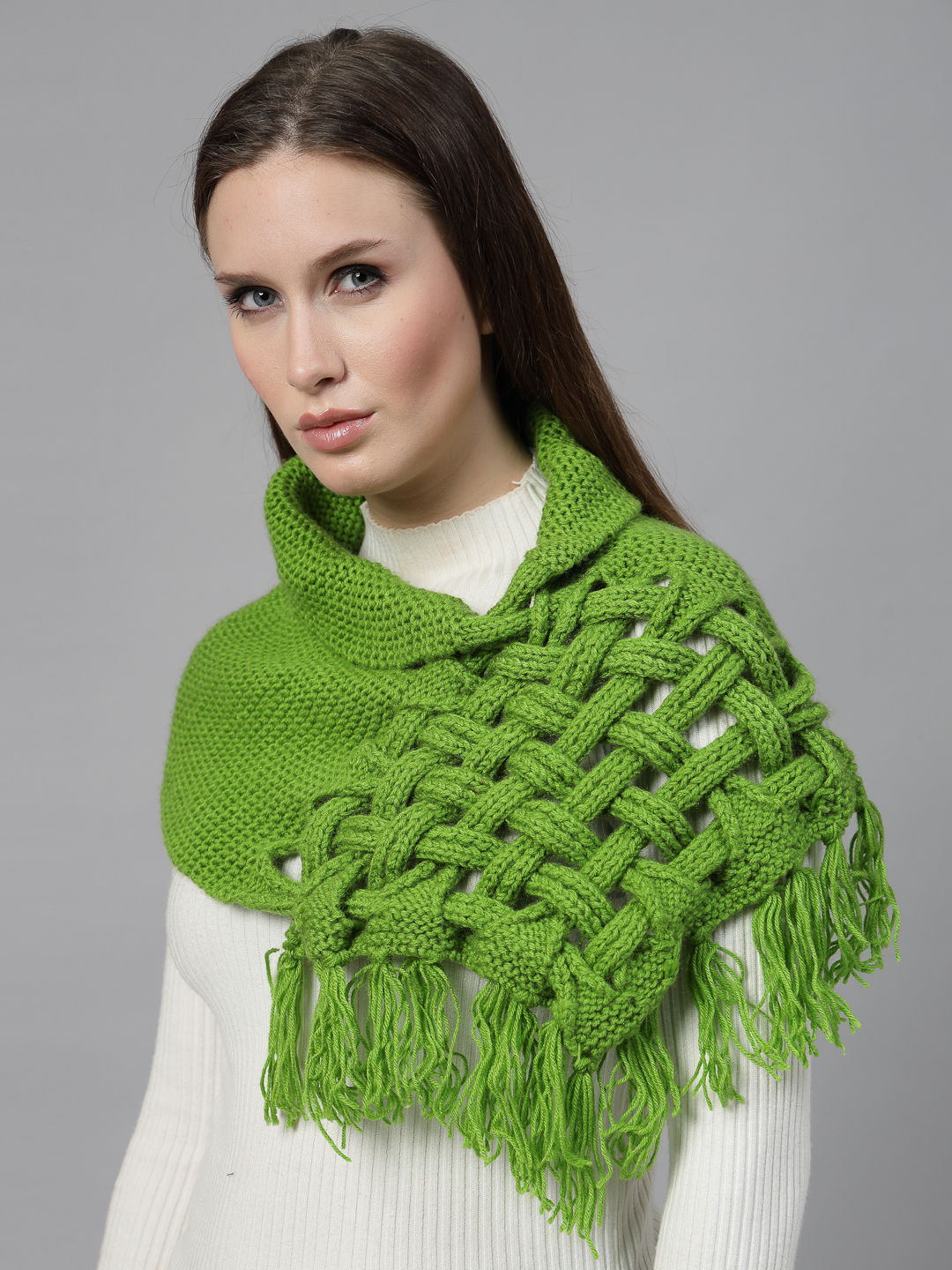 Handknitted Basket Weave Neck Warmer for Women - Green