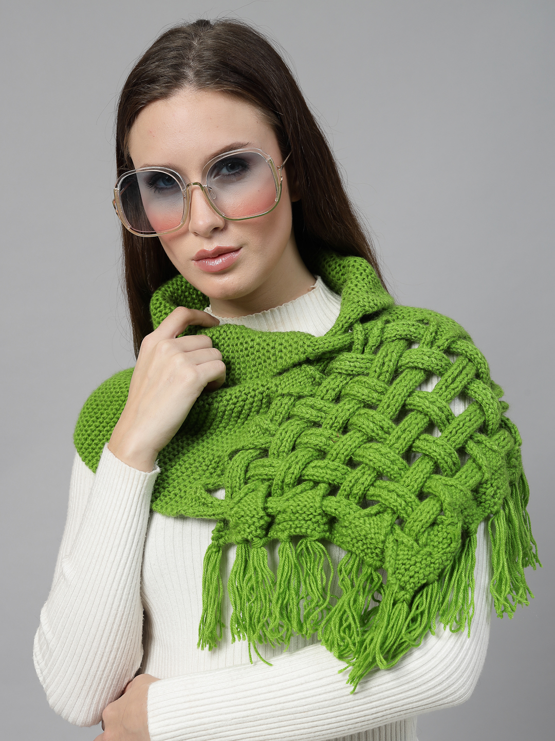 Handknitted Basket Weave Neck Warmer for Women - Green