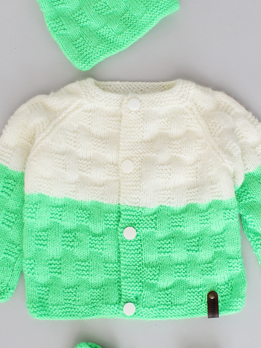 Handknitted Basket Weave Stitch Newborn Sweater Set - Green