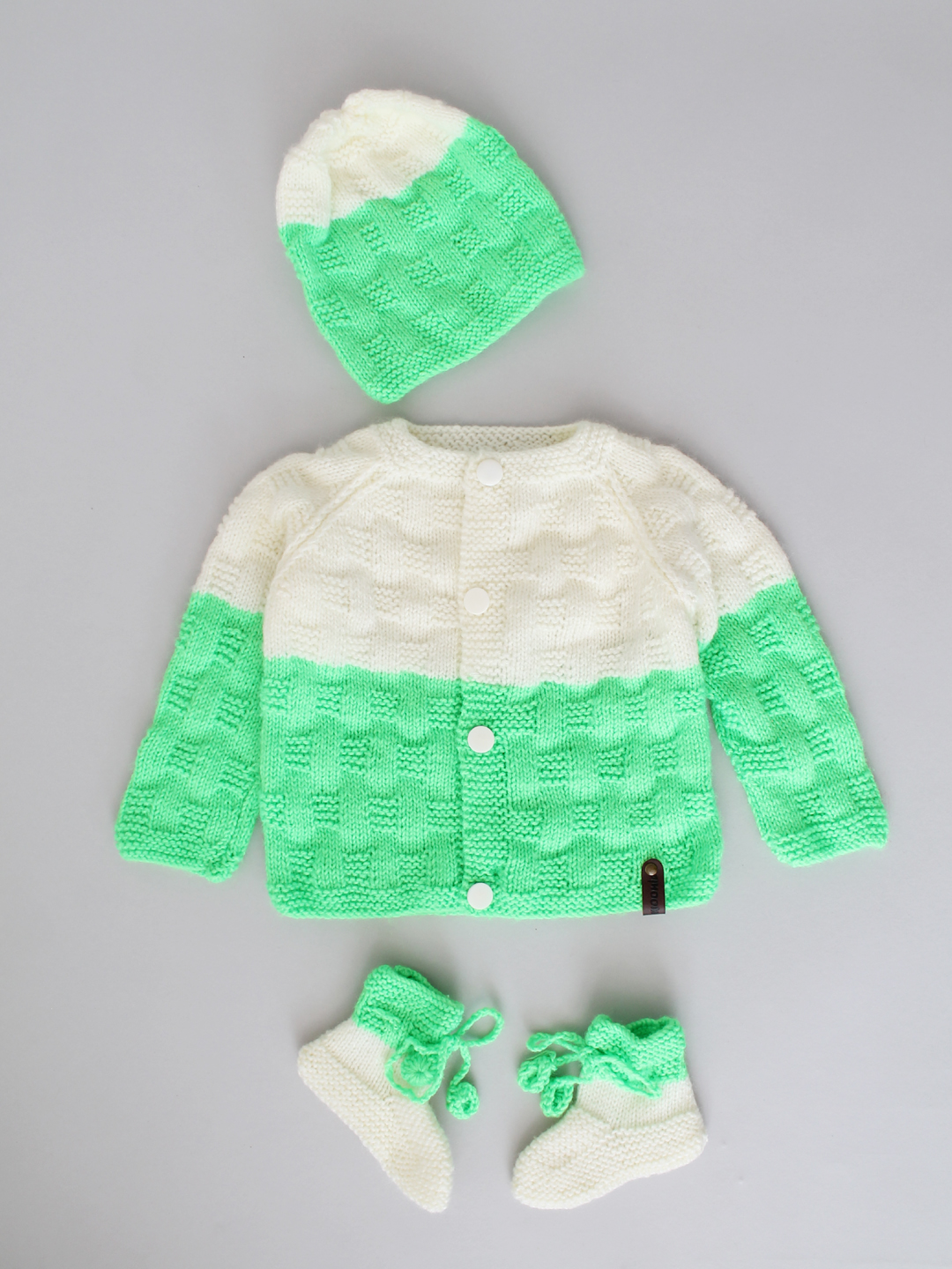 Handknitted Basket Weave Stitch Newborn Sweater Set - Green