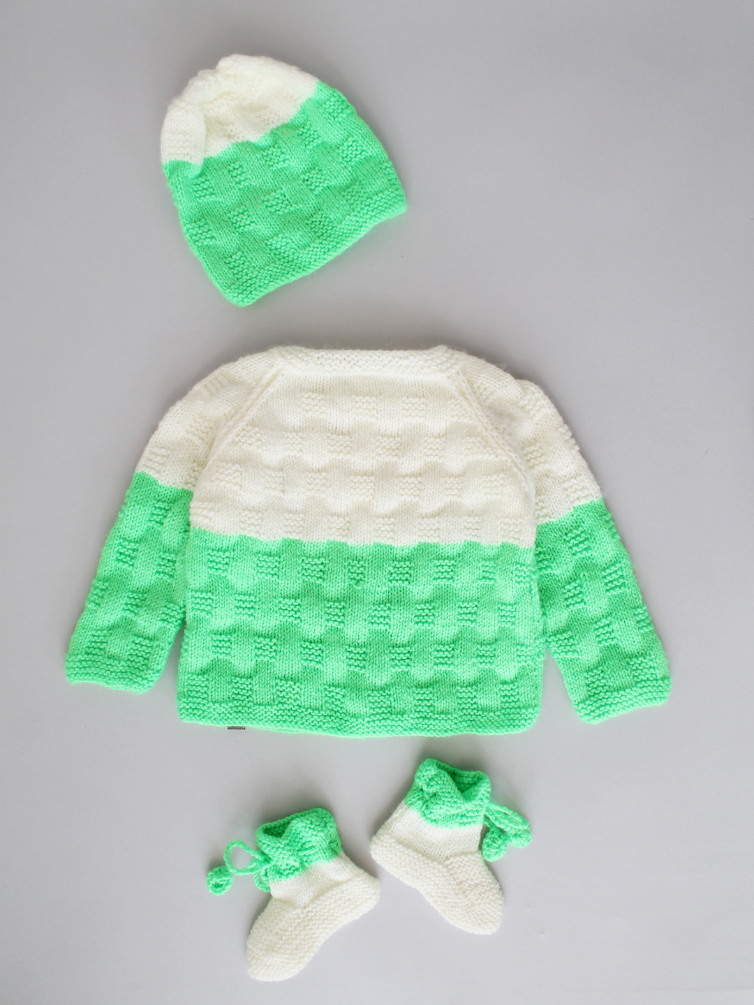 Handknitted Basket Weave Stitch Newborn Sweater Set - Green