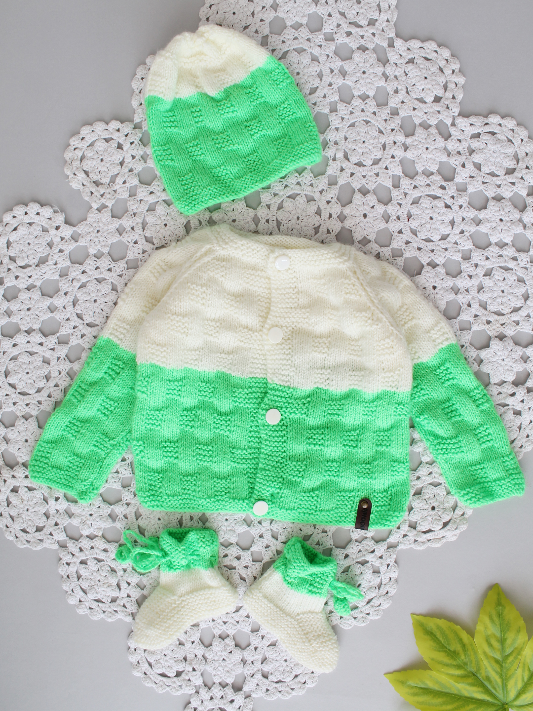 Handknitted Basket Weave Stitch Newborn Sweater Set - Green