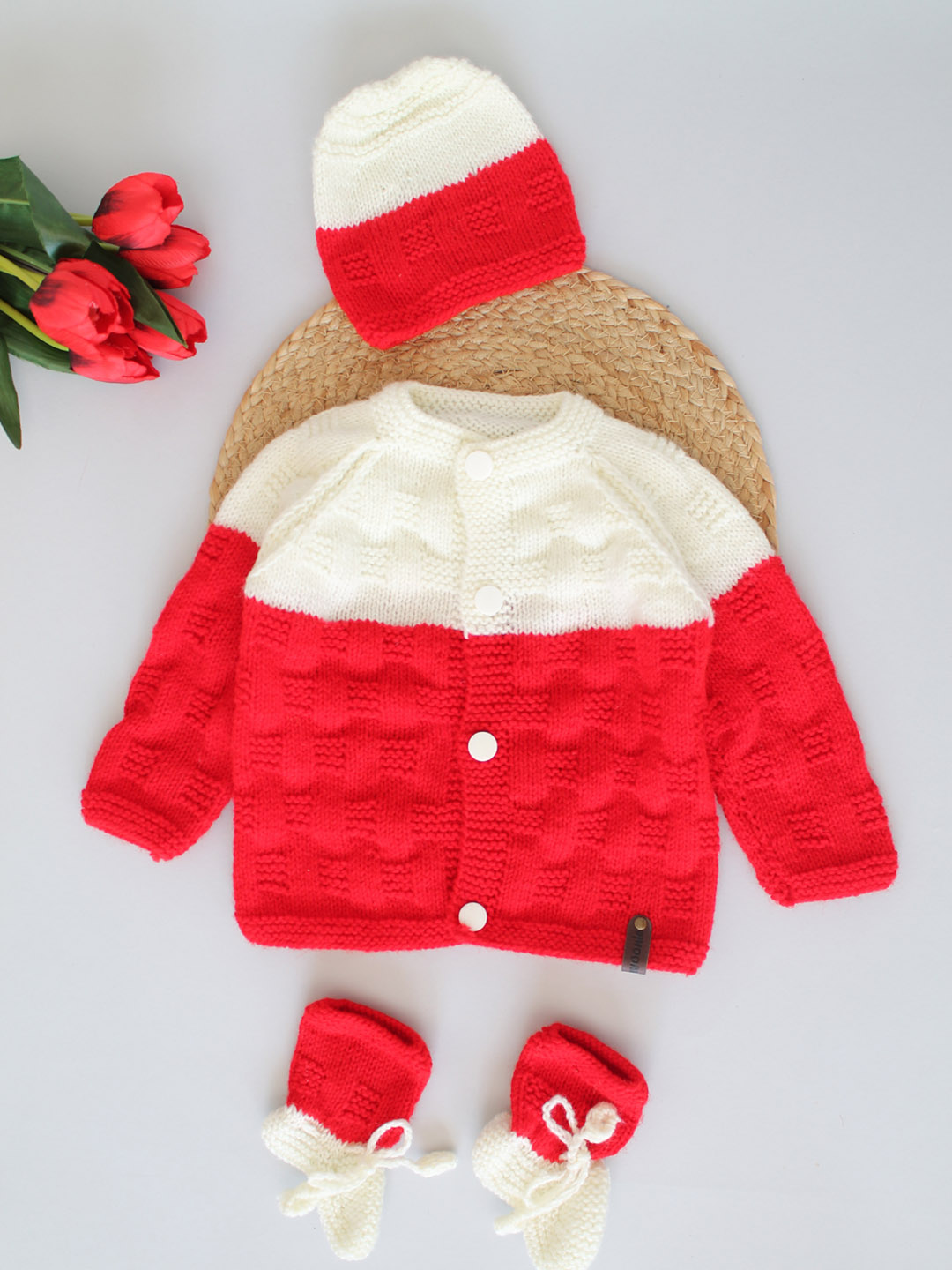 Handknitted Basket Weave Stitch Newborn Sweater Set - Red