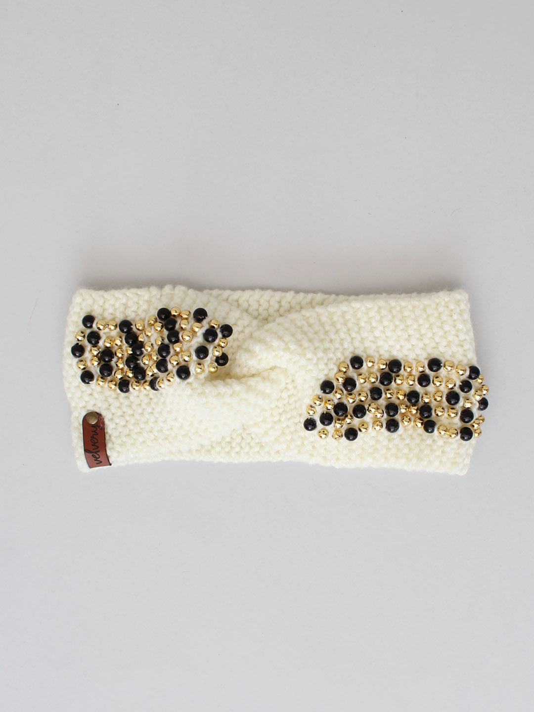 Handknitted Black and Golden Pearl Winter Headband - Offwhite