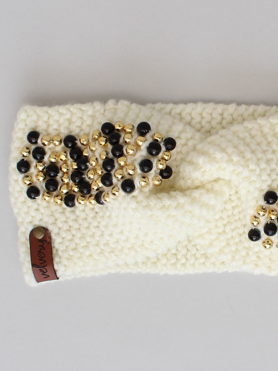 Handknitted Black and Golden Pearl Winter Headband - Offwhite