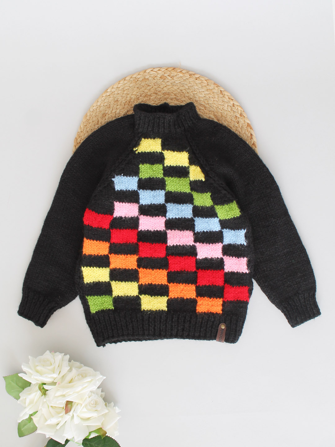 Handknitted Black Sweater with Multi Checks