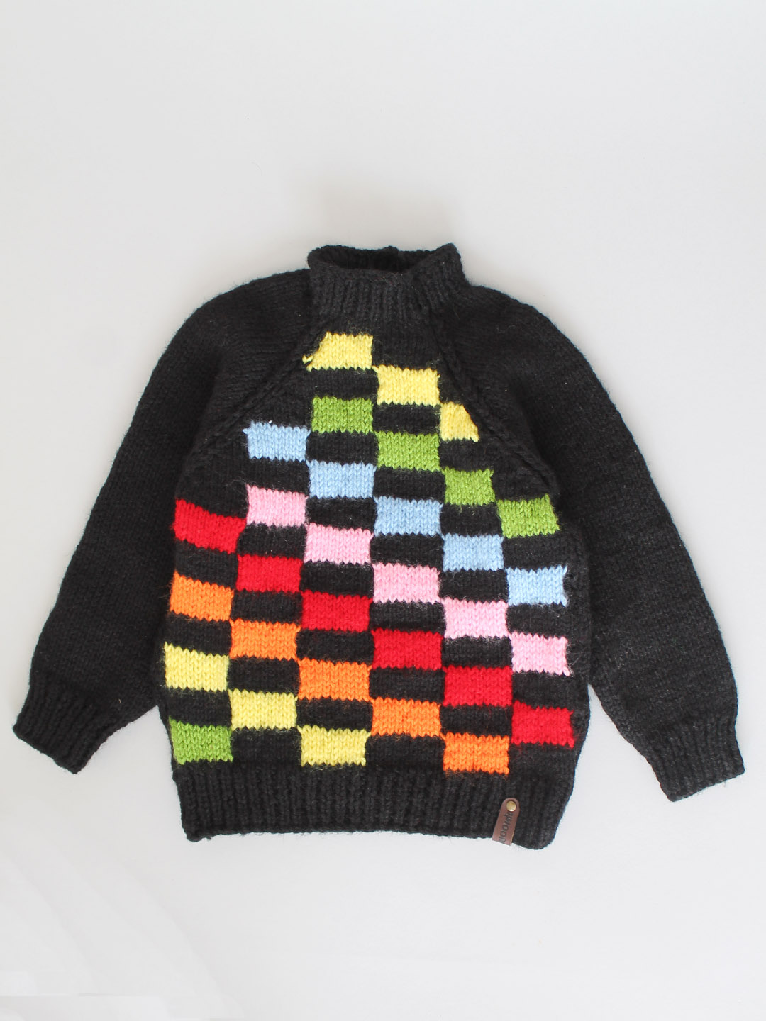 Handknitted Black Sweater with Multi Checks