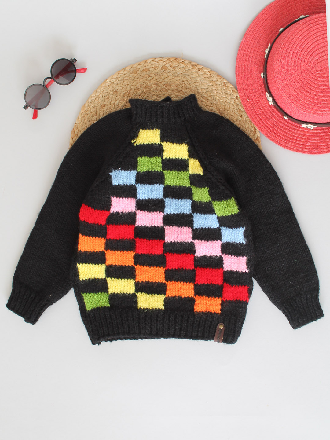 Handknitted Black Sweater with Multi Checks