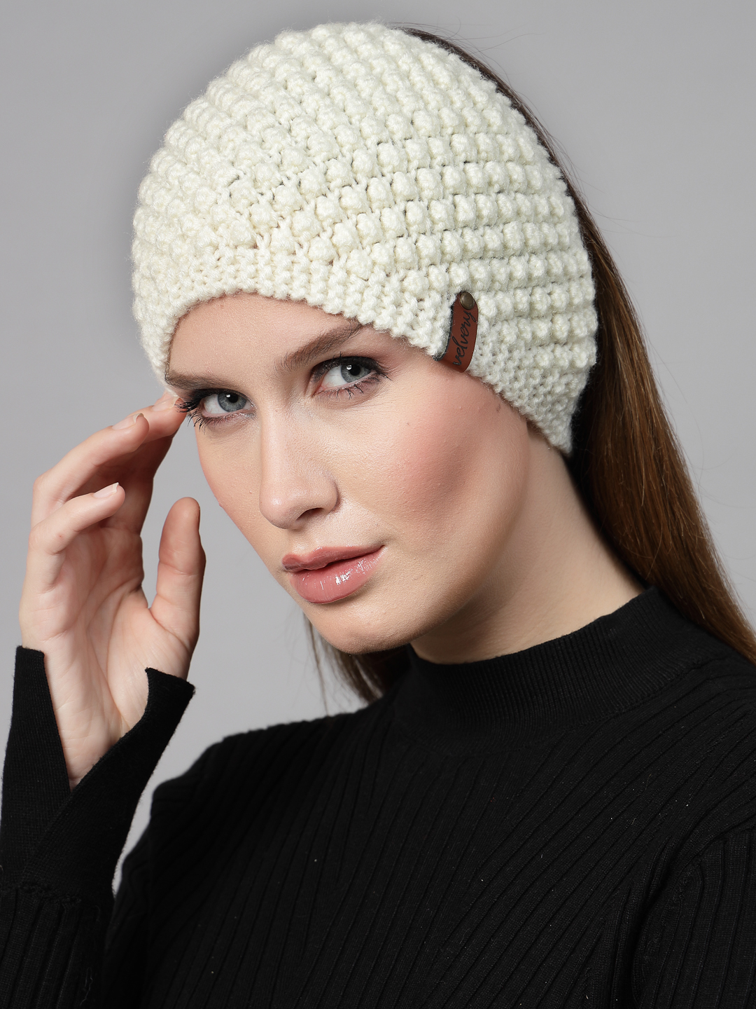 Handknitted Bramble Stitch Headband for Women - Cream