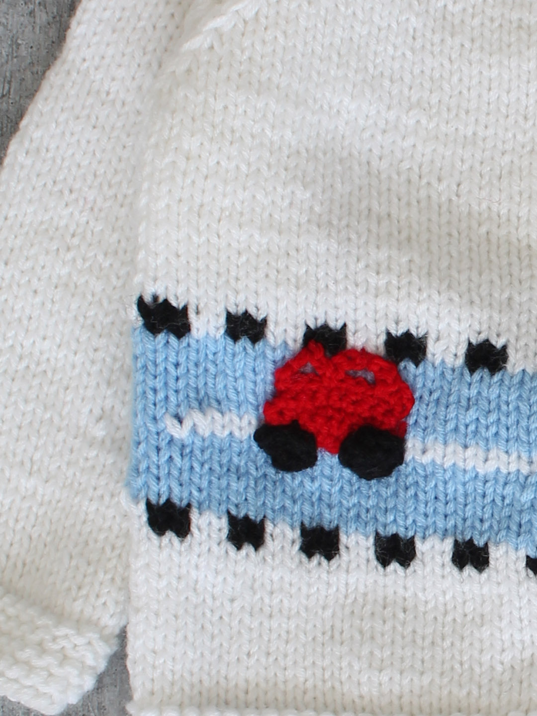 Handknitted Car Applique Sweater for Infants - White