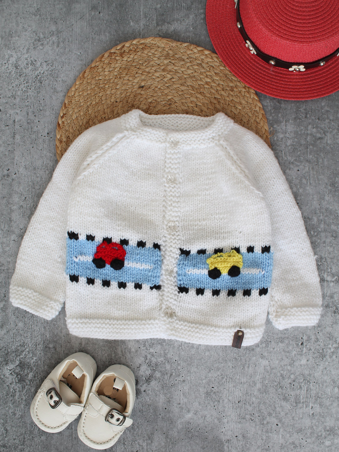 Handknitted Car Applique Sweater for Infants - White